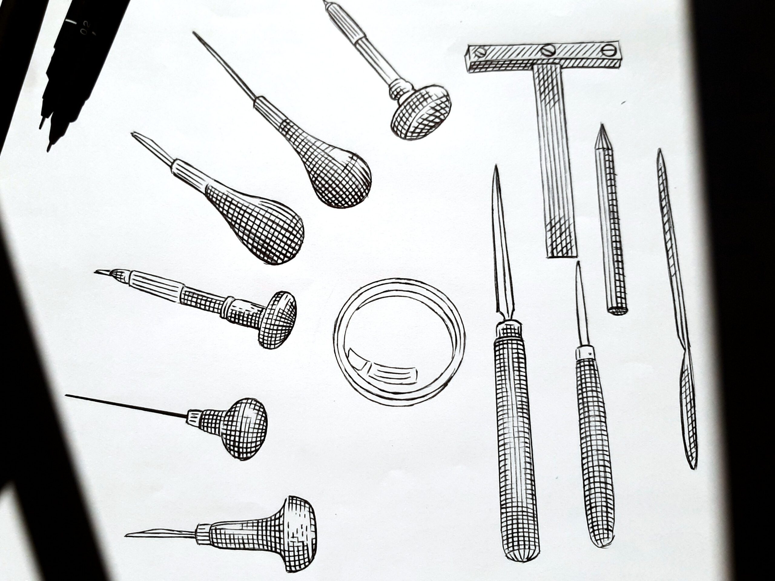 Dessin préparatoire bloc la gravure outils